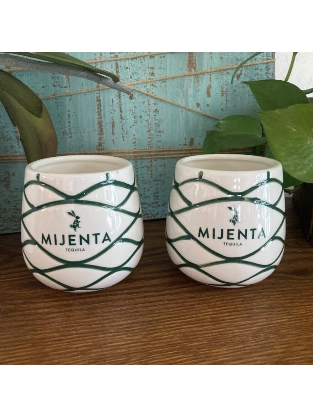 Pair of Mijenta Tequila Cups White & Green Ceramic Vintage